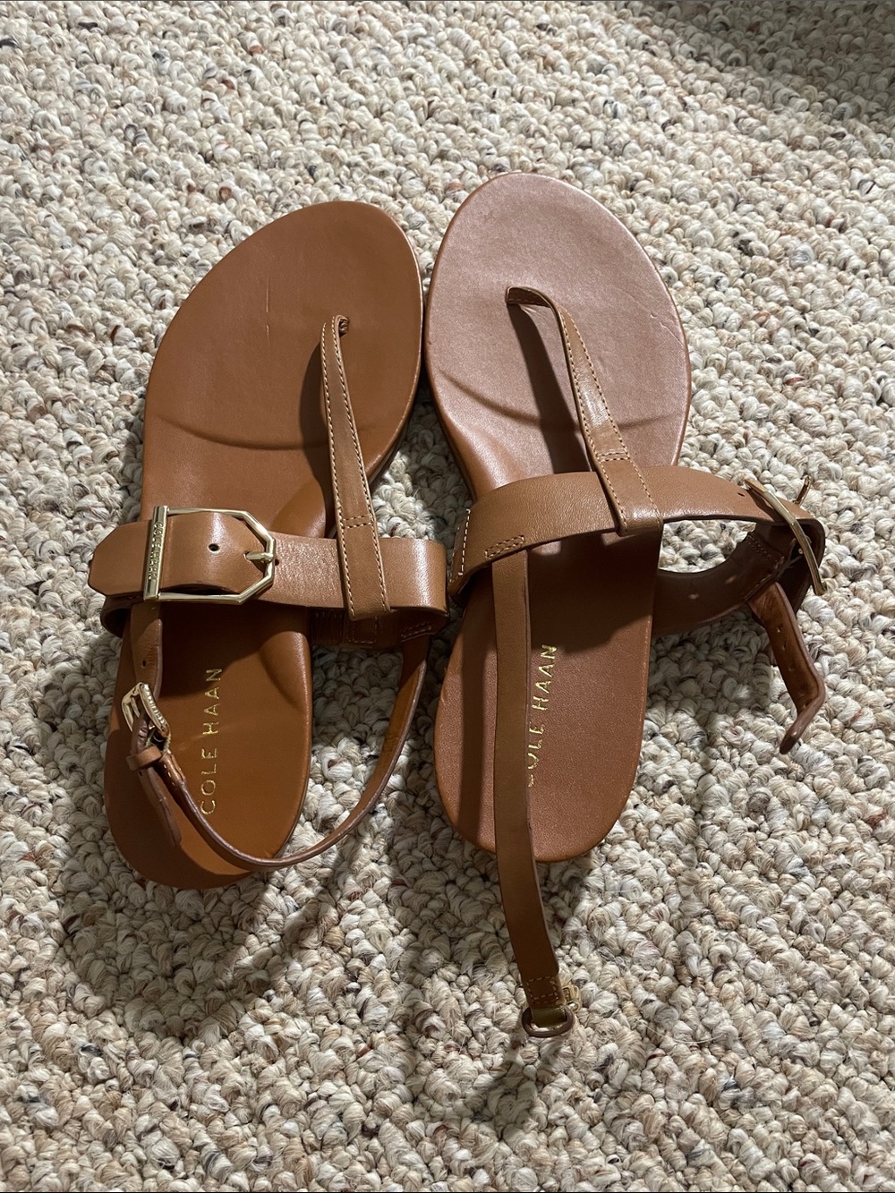 Cole Haan Tan Leather T-Strap Sandals with Buckle